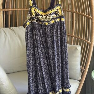 Free People Yellow and Blue Embroidered Sundress w/ Lace Up Back - Sz L